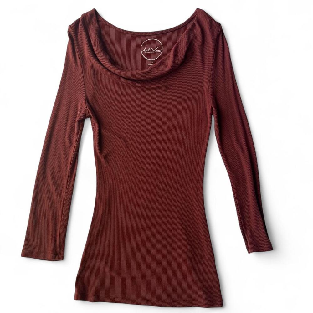 Y2K INC Brown Ribbed Cowl Neck Long Sleeve Top.